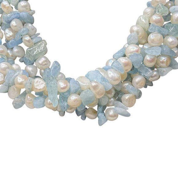Ross-Simons Aquamarine Bead 6mm Cultured Pearl Torsade Necklace Sterling Silver - Picture 3 of 10